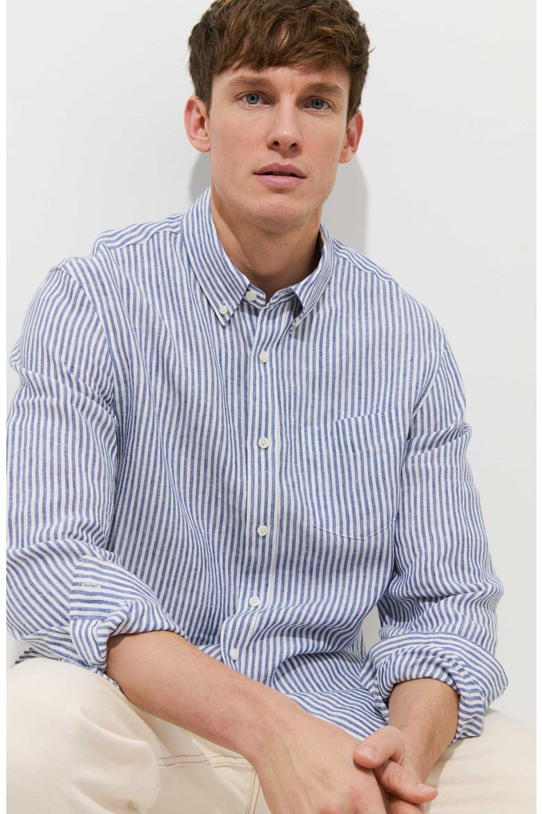 Mill Stripe Linen Button-Down Shirt, Alternate, color, BLUE / WHITE