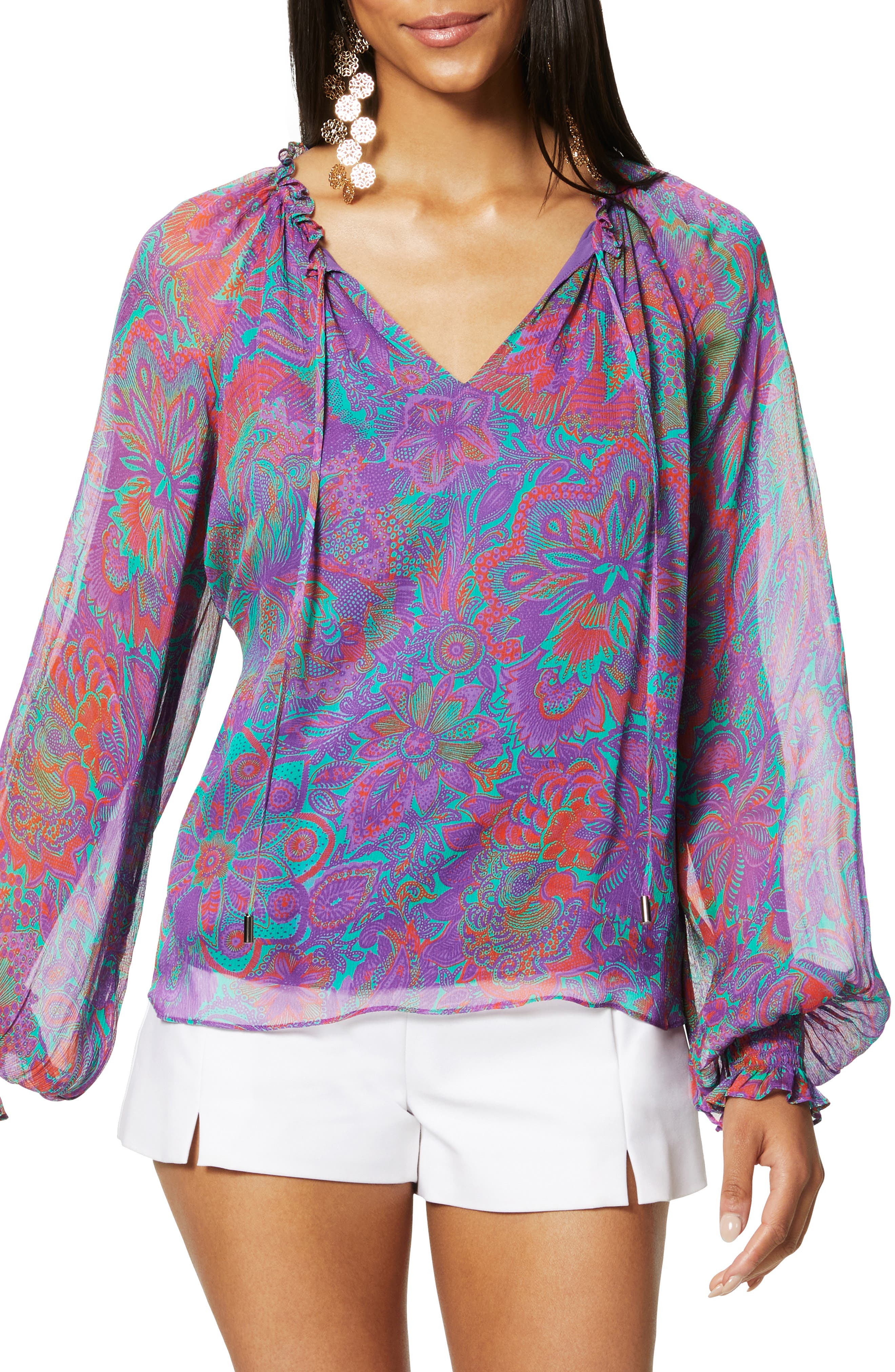 Ramy Brook Luanne Botanical Print Split Neck Blouse (Women) | Nordstromrack