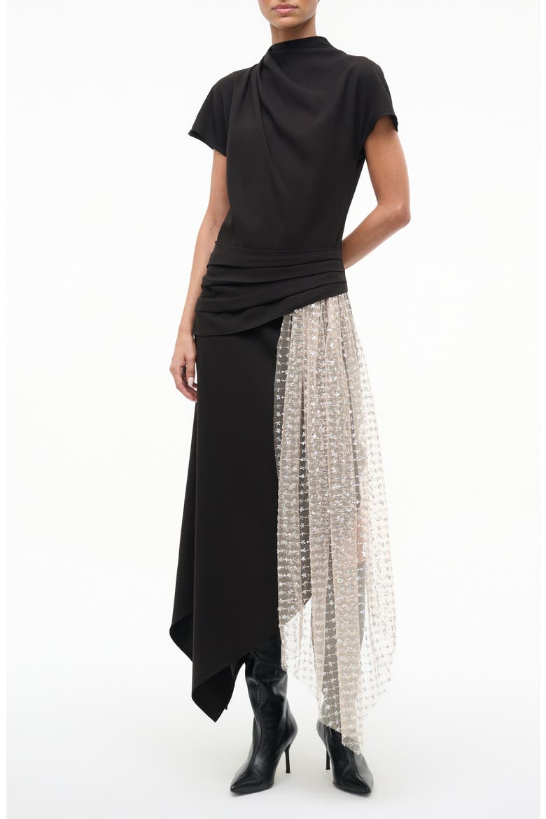 Effie Drape Mock Neck Asymmetric Maxi Dress, Main, color, BLACK/ STARDUST