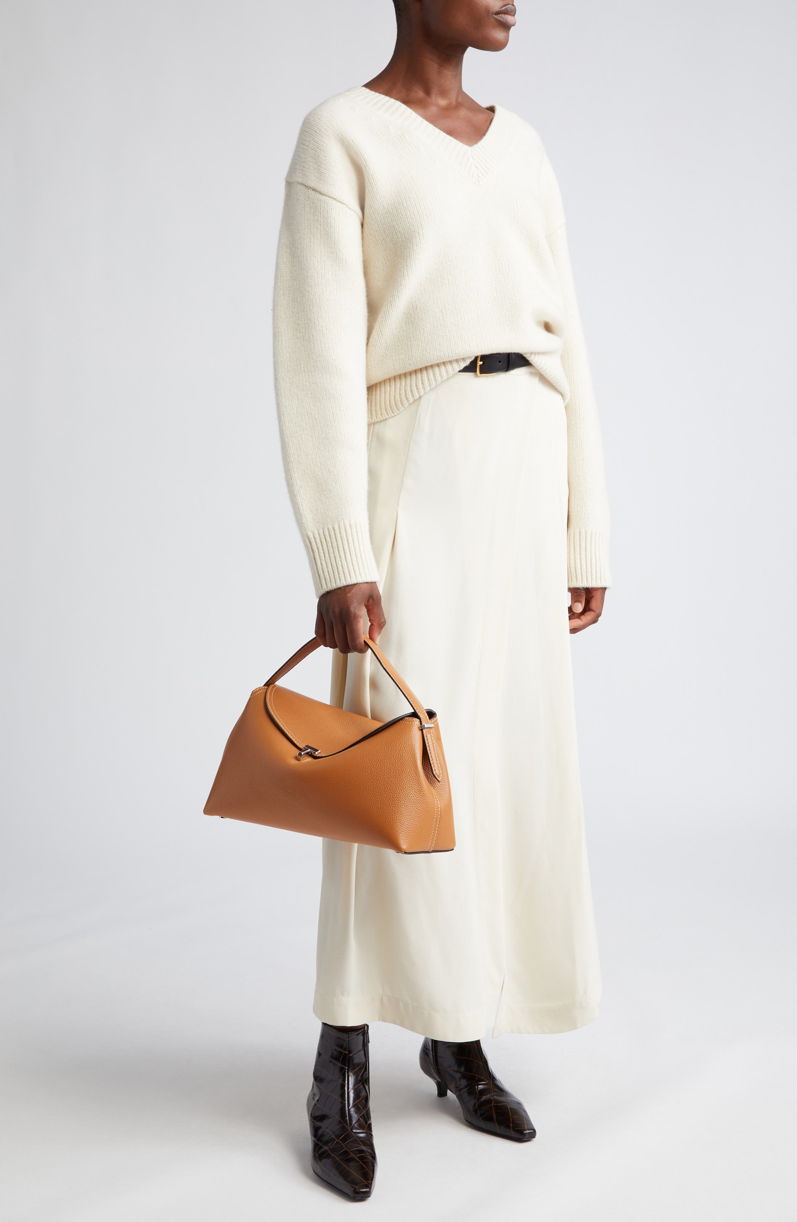 T-Lock Grained Leather Top Handle Bag, Alternate, color, TAN