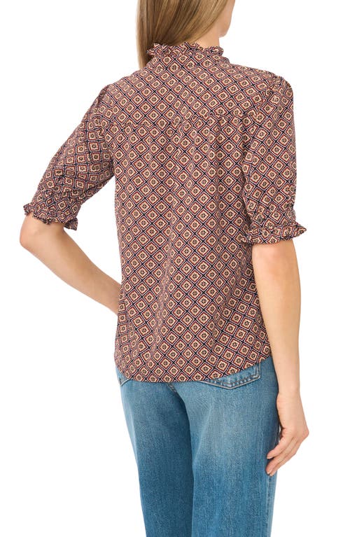 Cece Ruffle Neck Button Front Shirt In Brown