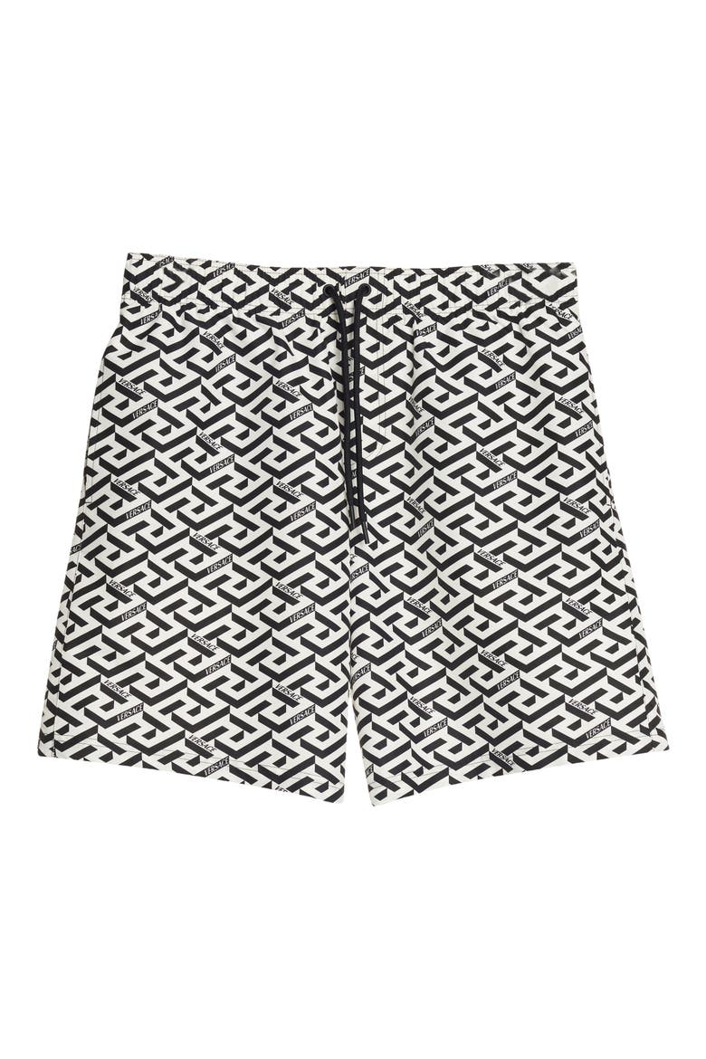 Grecca Print Swim Trunks, Alternate, color, WHITE/ BLACK