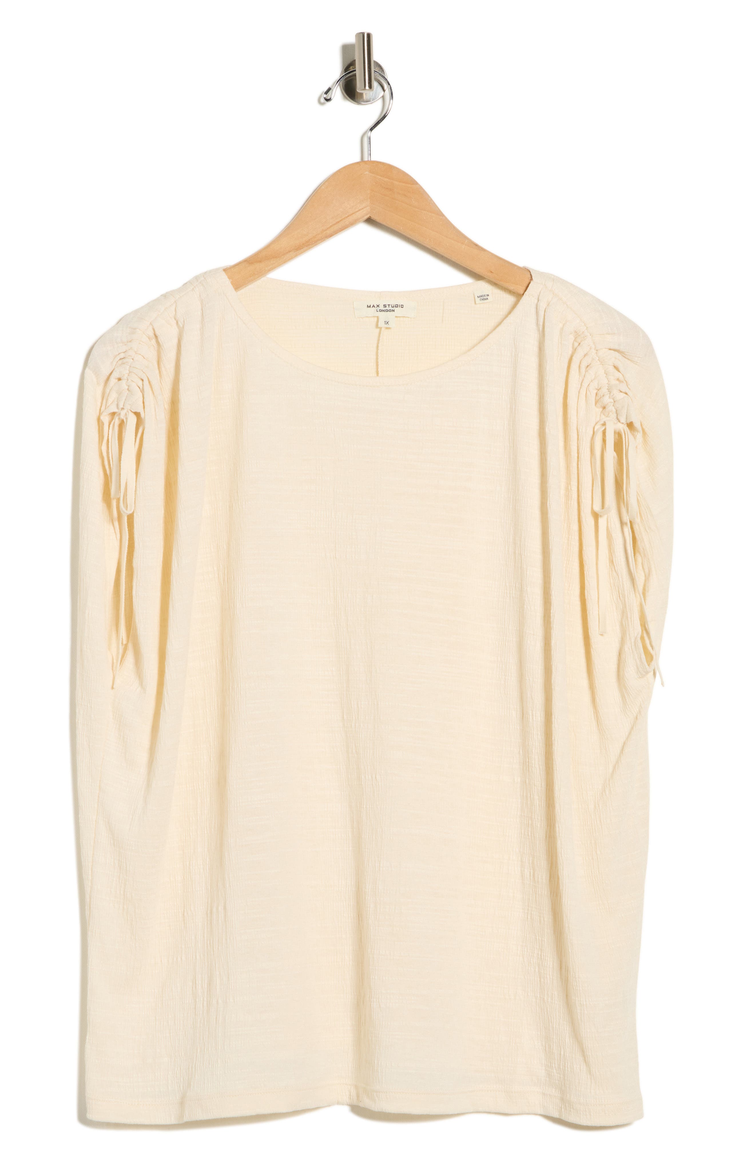 MAX STUDIO Ruched Shoulder Crinkle Knit Top
