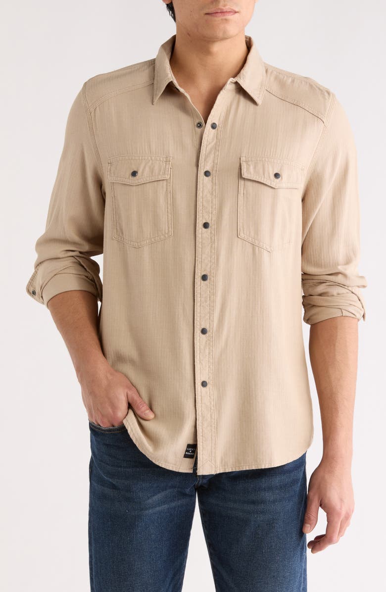 Lucky Brand Herringbone Crossdye Western Long Sleeve Button-Up Shirt, Main, color, Silver Mink