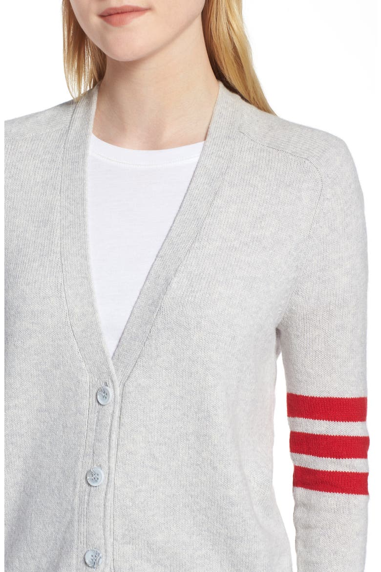 Preppy V-Neck Cardigan, Alternate, color, GREY- RED COMBO