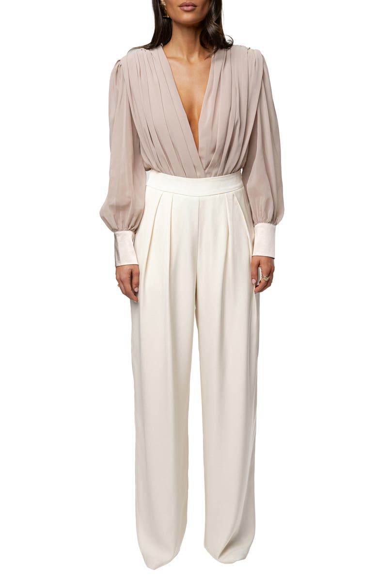 JLUXLABEL Pleated Long Sleeve Bodysuit, Alternate, color, Beige