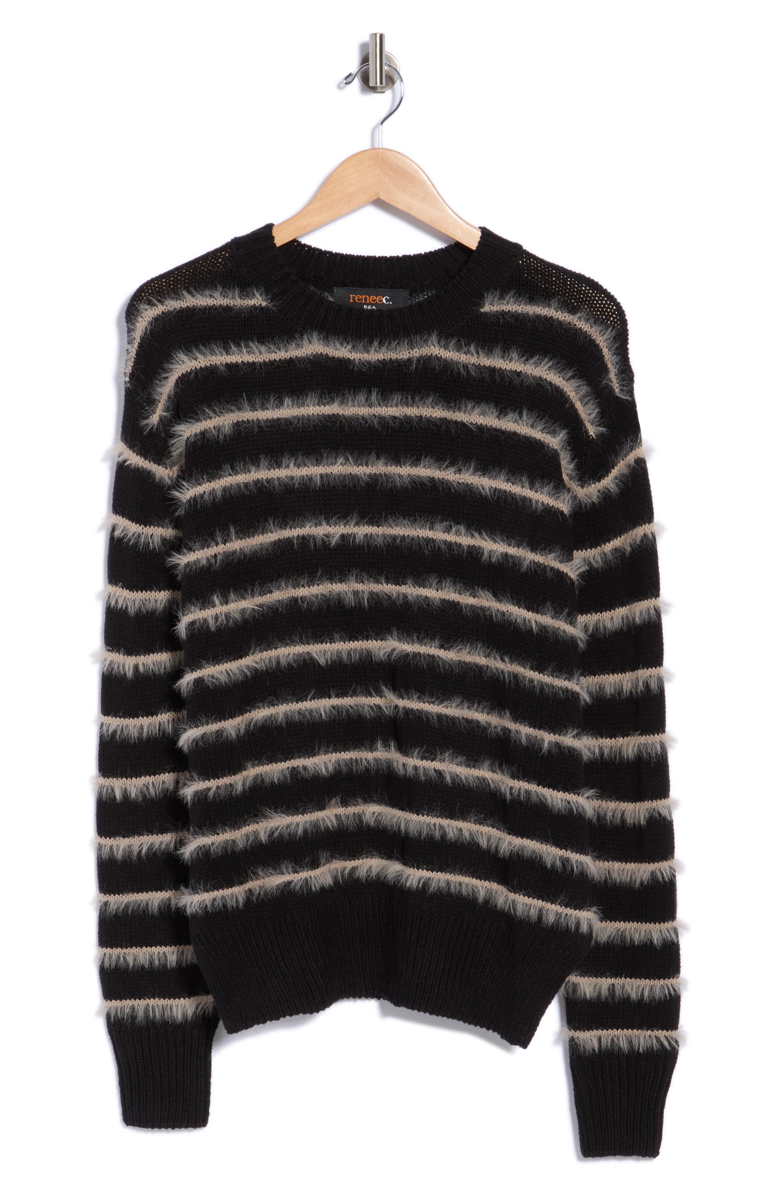 Striped Fuzzy Crewneck Sweater