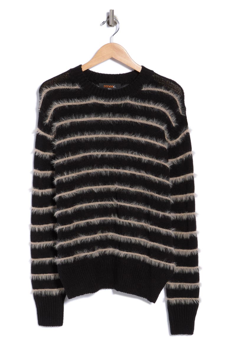 Striped Fuzzy Crewneck Sweater, Main, color, BLACK