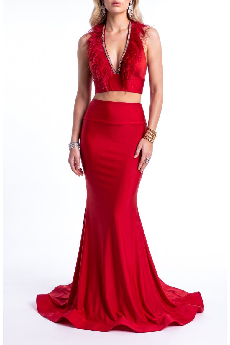 Feather-Trim Two-Piece Mermaid Evening Gown, Main, color, Red