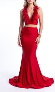 Jessica Angel Feather-Trim Two-Piece Mermaid Evening Gown