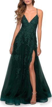 La Femme Tulle Prom Dress with Floral Detail and Side Slit