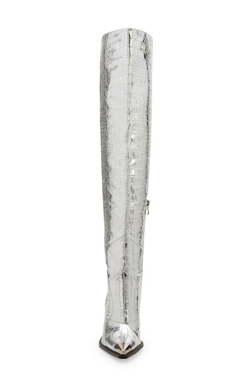 Azalea Wang Grissel Croc Embossed Water Resistant Western Boot In Silver