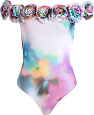 AFRM Solange Rosette Off the Shoulder Mesh Bodysuit