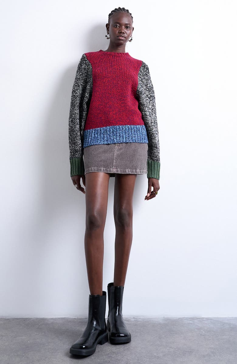 Topshop Colorblock Crewneck Sweater, Alternate, color, Burgundy Multi