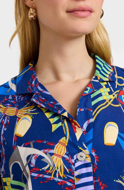 Foxcroft Sloane Nautical Print Linen Blend Shirtdress In Navy Multi
