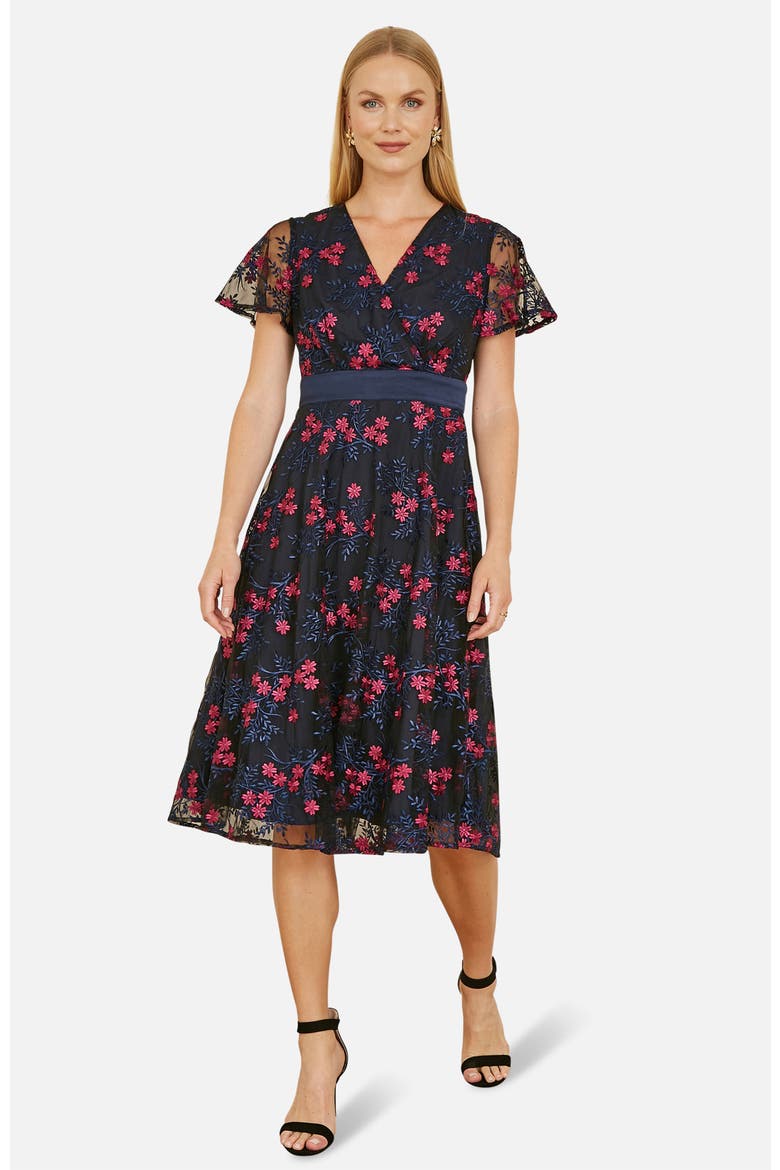 Floral Mesh Wrap Midi Skater Dress, Main, color, Navy