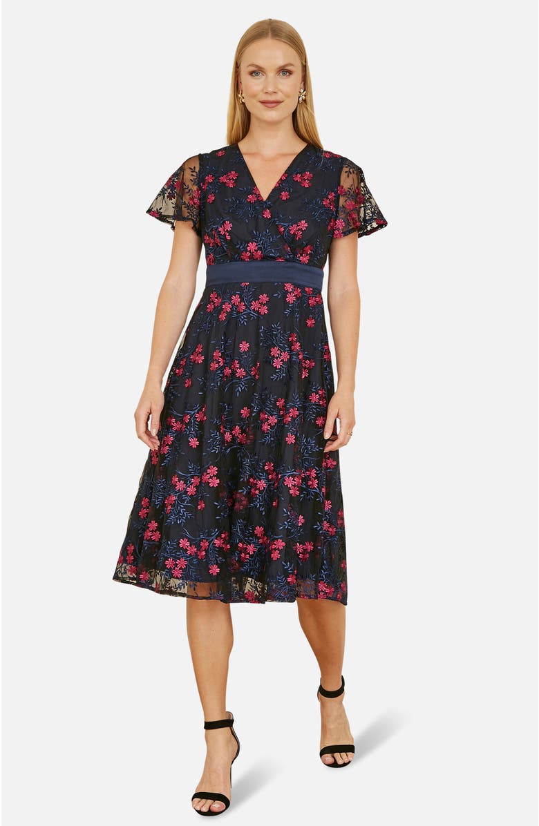 Yumi Floral Mesh Wrap Midi Skater Dress, Main, color, Navy