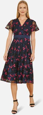 Yumi Floral Mesh Wrap Midi Skater Dress