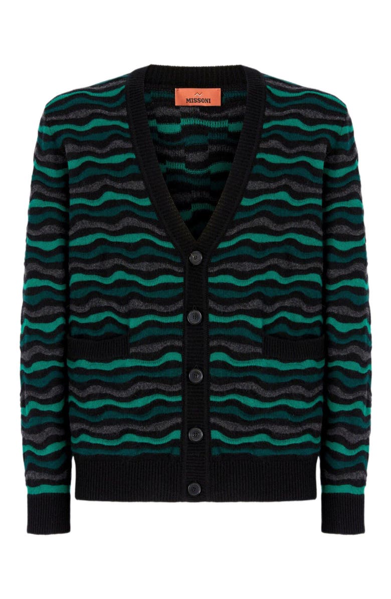 Missoni Cardigan In Pure Wool With Wave Stitch, Alternate, color, Green