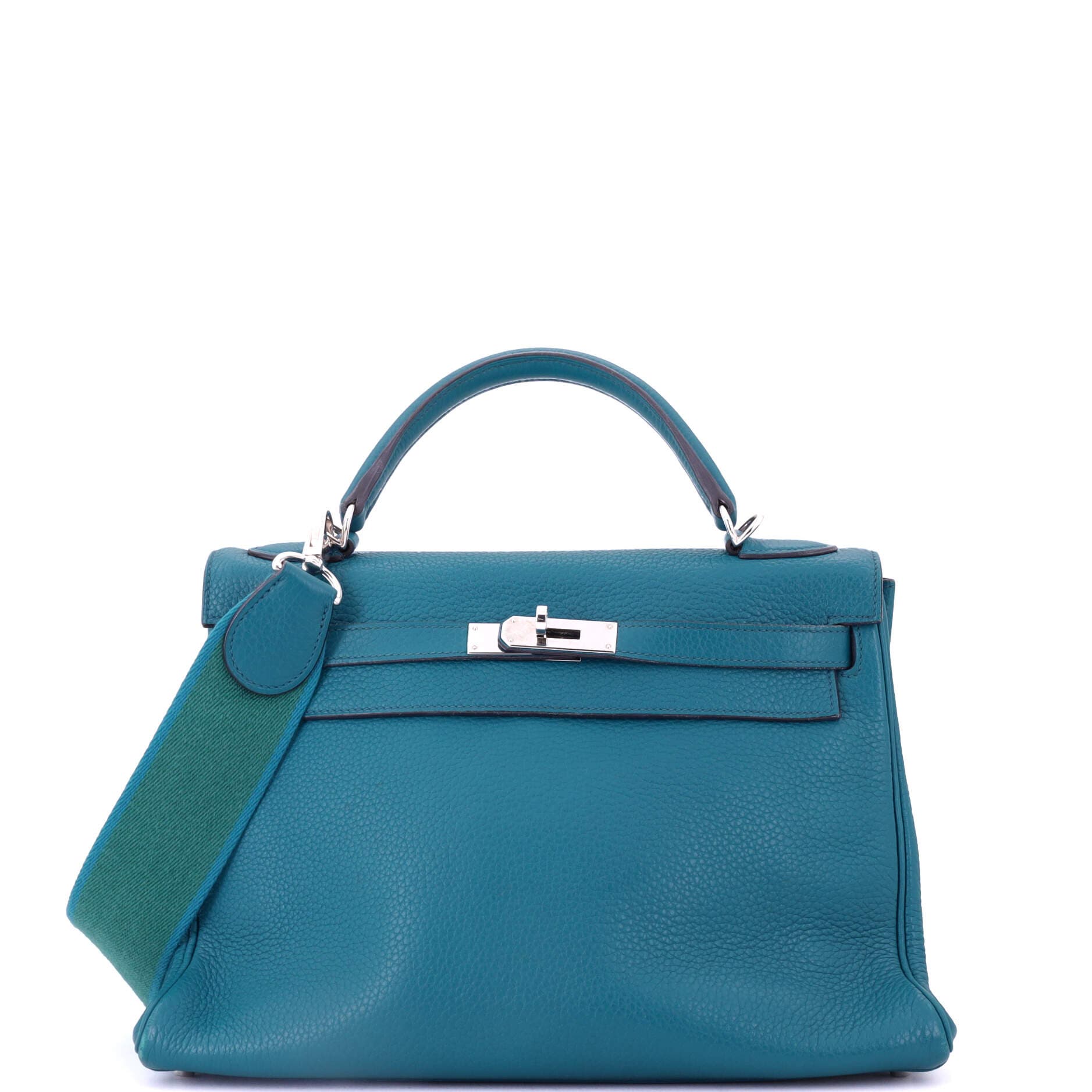 Pre-Owned Hermes Kelly Amazone Handbag Blue Clemence with Palladium Hardware 32, Main, color, 