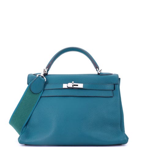 Kelly Amazone Handbag Blue Clemence with Palladium Hardware 32