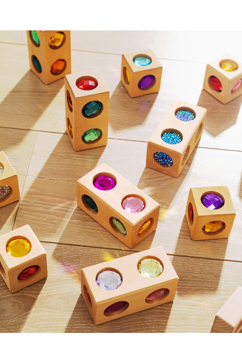 Frankie Wooden Building Blocks with Acrylic Gem Inlays - 10 Pieces, Alternate, color, Multicolor