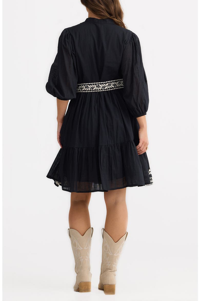 Cala Embroidered Tie Waist Cotton Dress, Alternate, color, BLACK W OFF WHITE