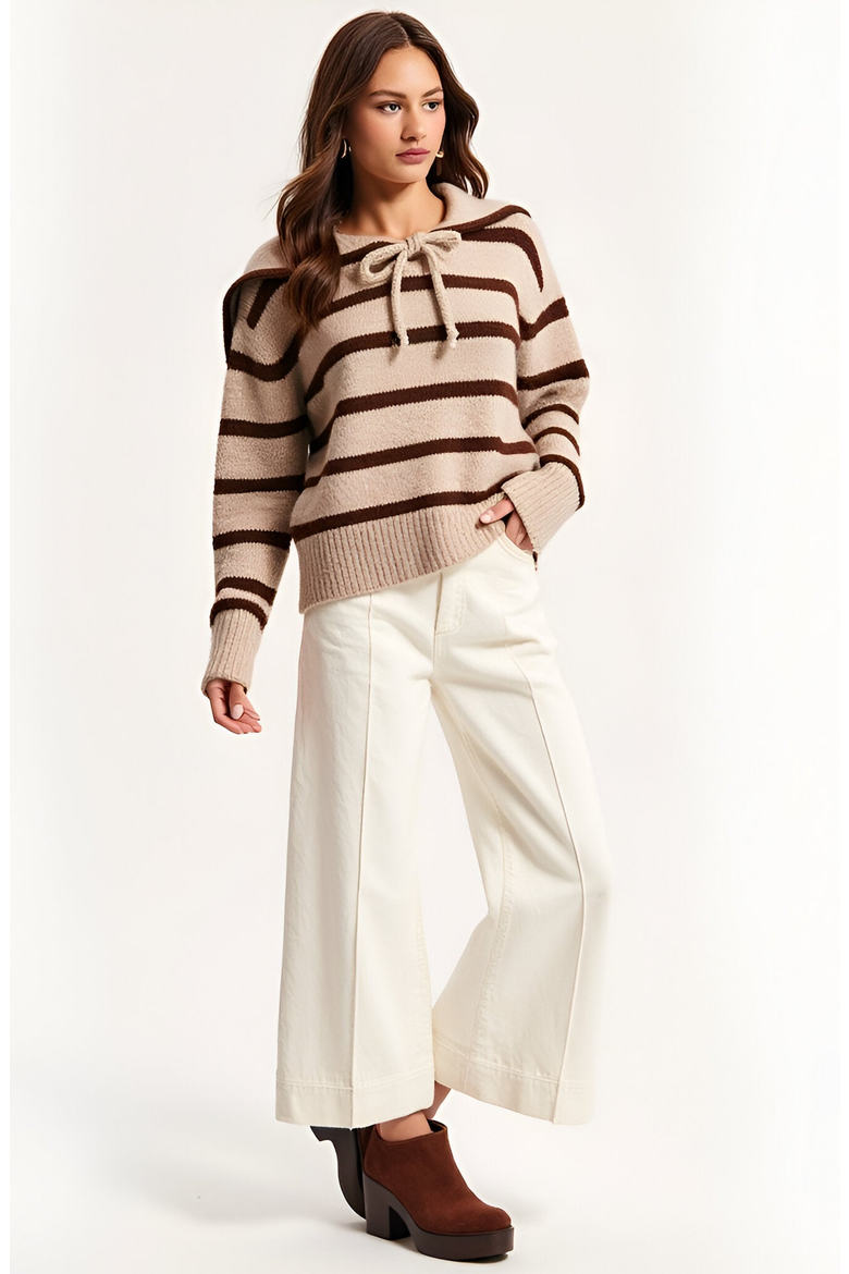 Striped Crewneck Sweater with Sailor Collar and Front Tie Detail, Alternate, color, Beige / Brown Stripes