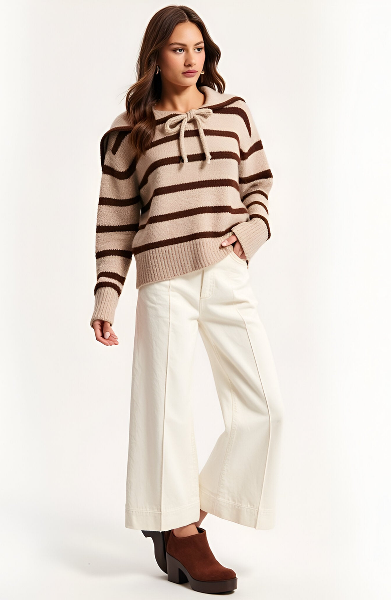 Modenaire Striped Crewneck Sweater with Sailor Collar and Front Tie Detail, Alternate, color, Beige / Brown Stripes
