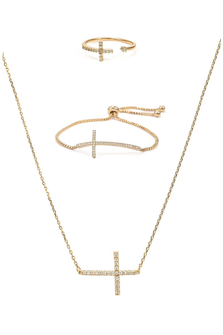 Horizontal Cross Adjustable Bracelet, Necklace & Ring Set Faith‑Inspired, Main, color, Gold