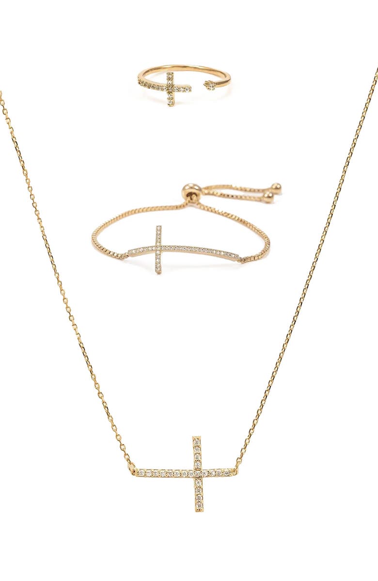 Bearfruit Jewelry Horizontal Cross Adjustable Bracelet, Necklace & Ring Set Faith‑Inspired, Main, color, Gold