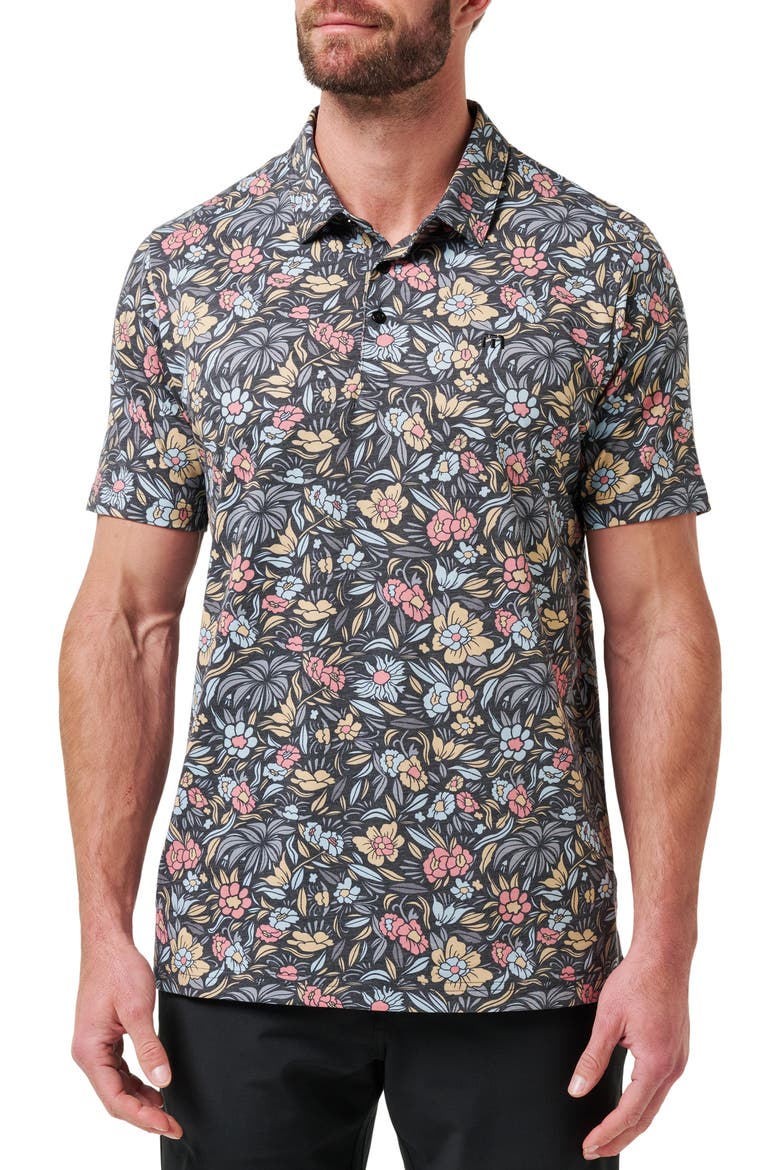 Featherweight Day Floral Piqué Polo, Main, color, BLACK