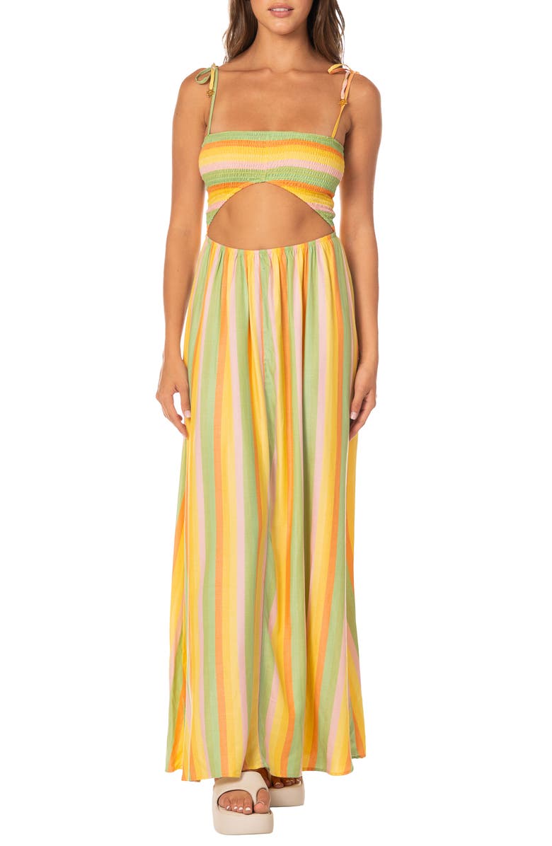 Maaji Rhythmic Lines Felicia Cutout Smocked Bodice Maxi Sundress, Alternate, color, Open Yellow