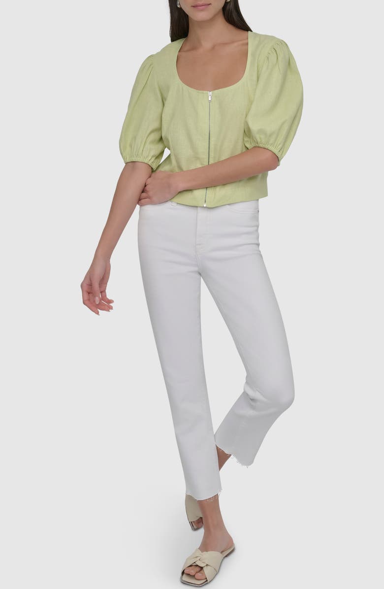 DKNY Front Zip Puff Sleeve Crop Linen Blend Top, Alternate, color, 