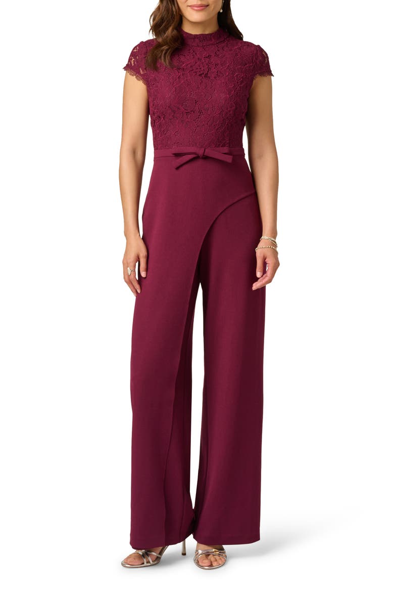 Mixed Media Lace & Crepe Jumpsuit, Main, color, CABERNET