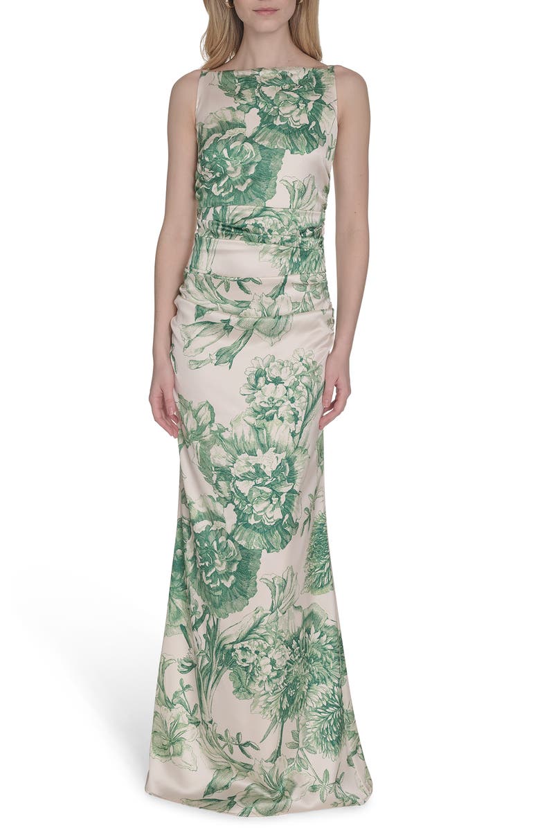 Vince Camuto Floral Ruched Waist Satin Gown, Main, color, Green