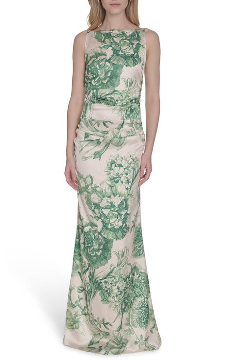 Floral Ruched Waist Satin Gown