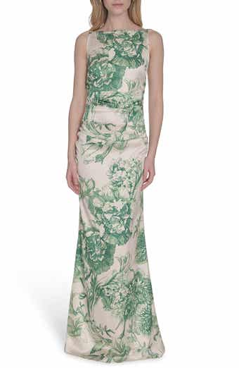 Floral Ruched Waist Satin Gown