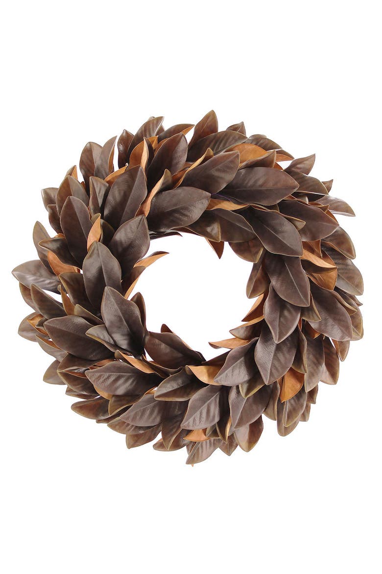 30" Faux Brown Magnolia Leaf Wreath, Main, color, Earth tones