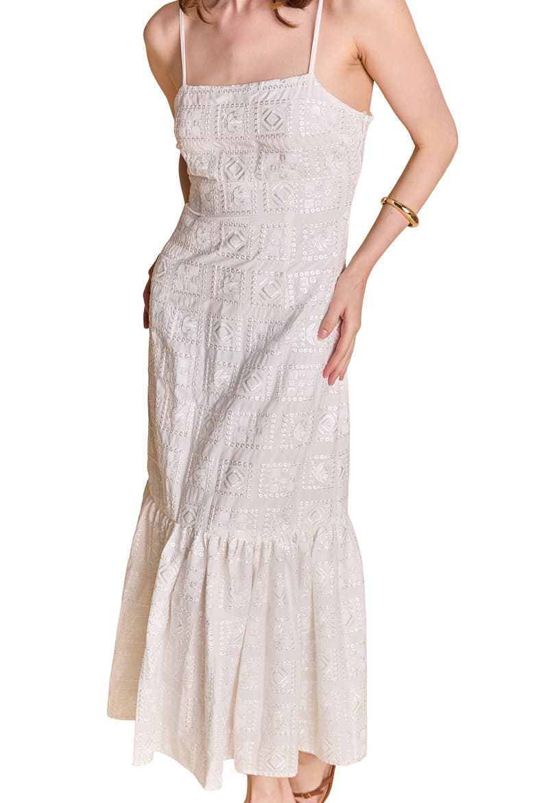 Embroidered Sequin Sleeveless Ruffle Hem Maxi Dress, Alternate, color, WHITE