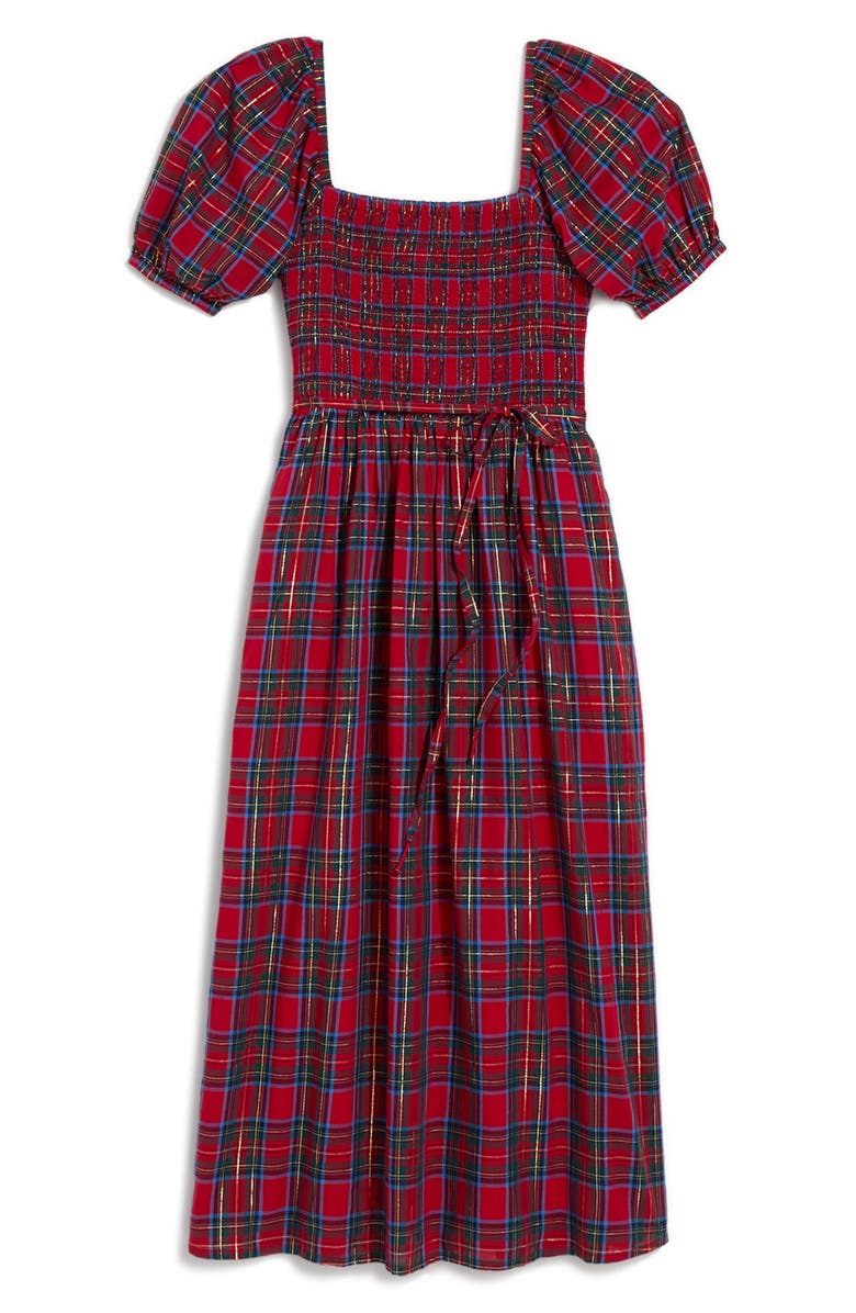 vineyard vines Ellen Plaid Puff Sleeve Midi Dress, Alternate, color, Yuletide Tartan Red