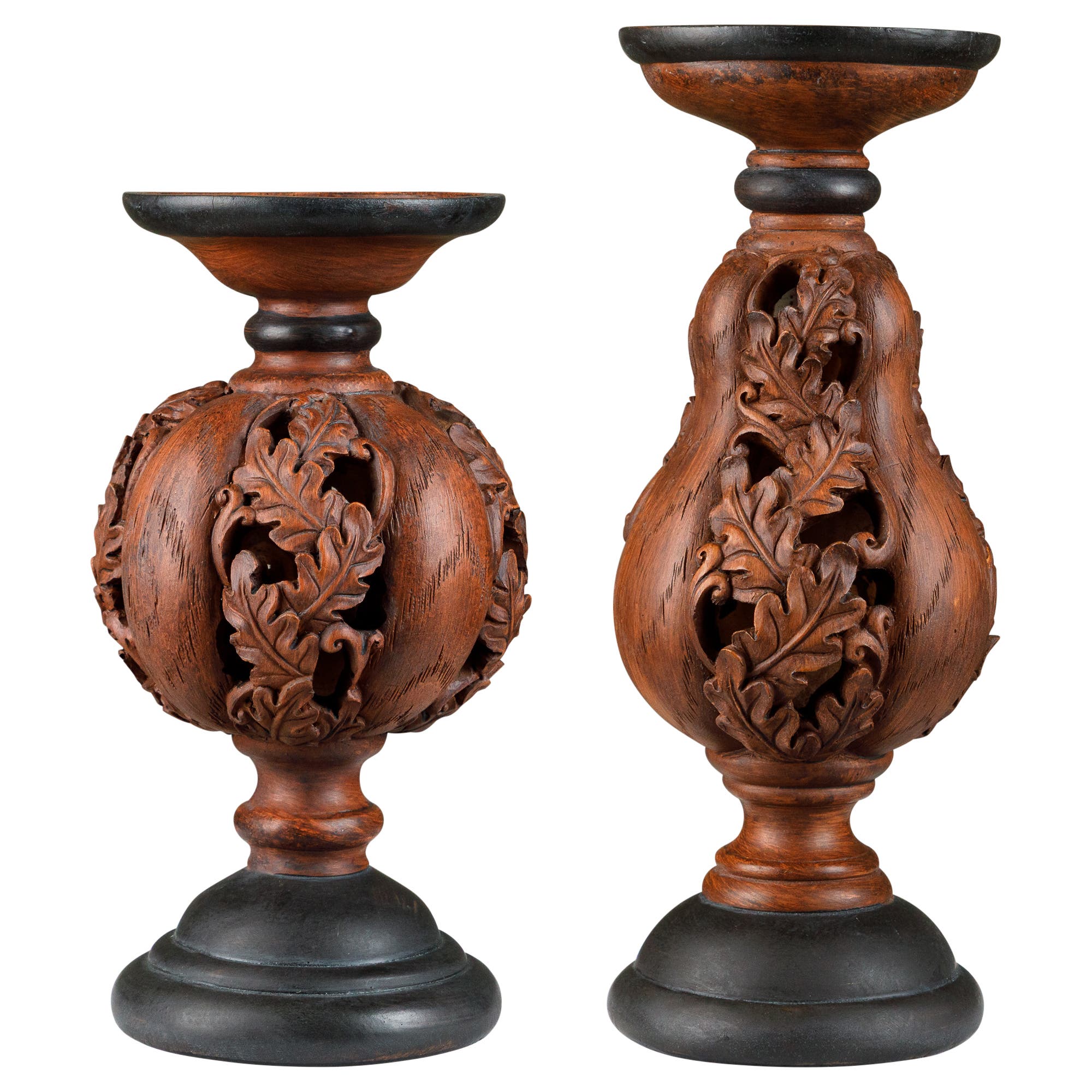 Melrose Carved Leaf Fall Harvest Pumpkin and Squash Pillar Candle Holders - 10" - Set of 2 in Brown 