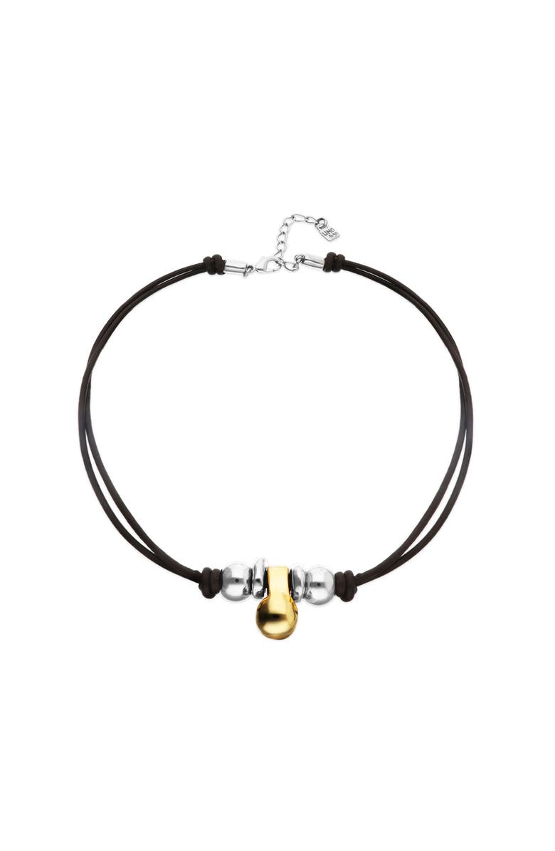 UNODE50 Leather necklace with three dials plated in a mix of silver and 18k gold, Alternate, color, Gold