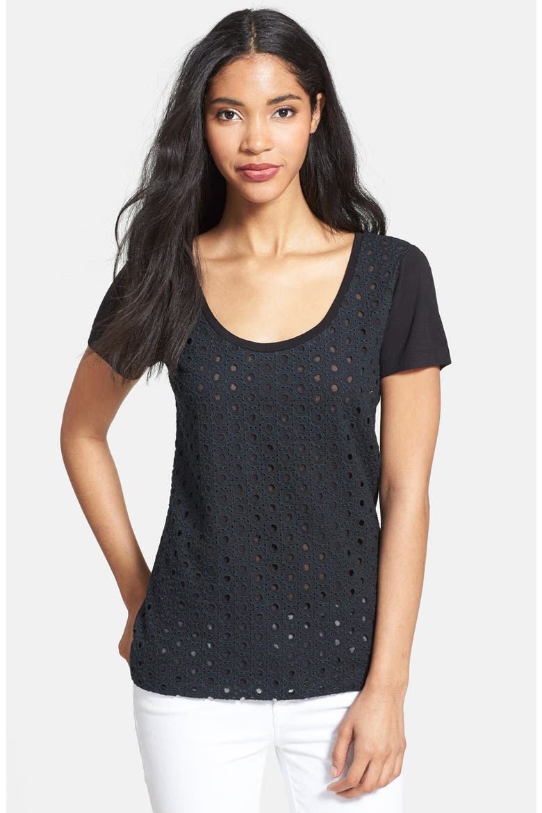 Eyelet Front Short Sleeve Tee, Main, color, BLACK