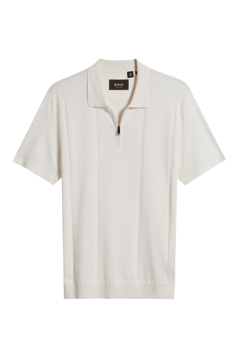 Parkau Cable Stitch Cotton & Silk Zip Polo Sweater, Main, color, OFF WHITE