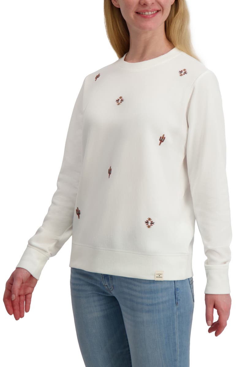 Lucky Brand Embroidered Crewneck Sweatshirt, Alternate, color, Ivory/ Tan