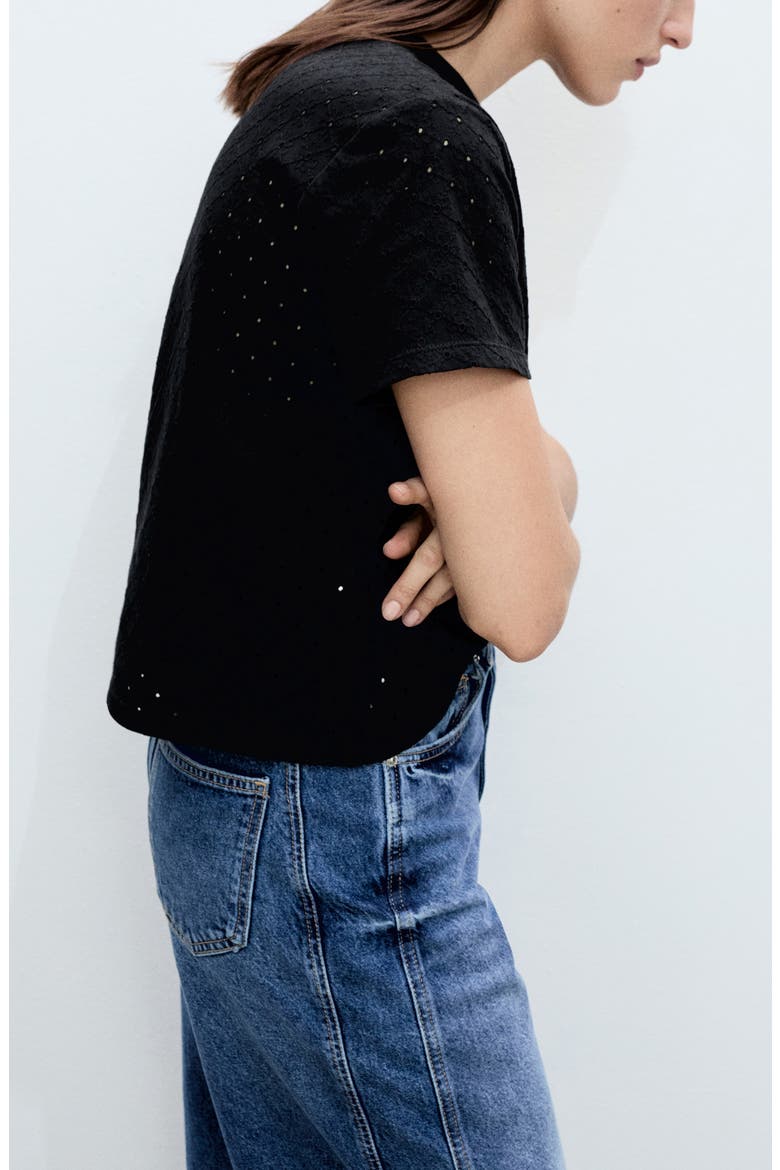 Embroidered Openwork Cotton T-Shirt, Alternate, color, BLACK