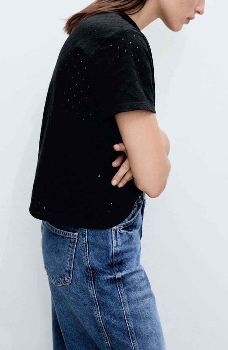 MANGO Embroidered Openwork Cotton T-Shirt, Alternate, color, Black