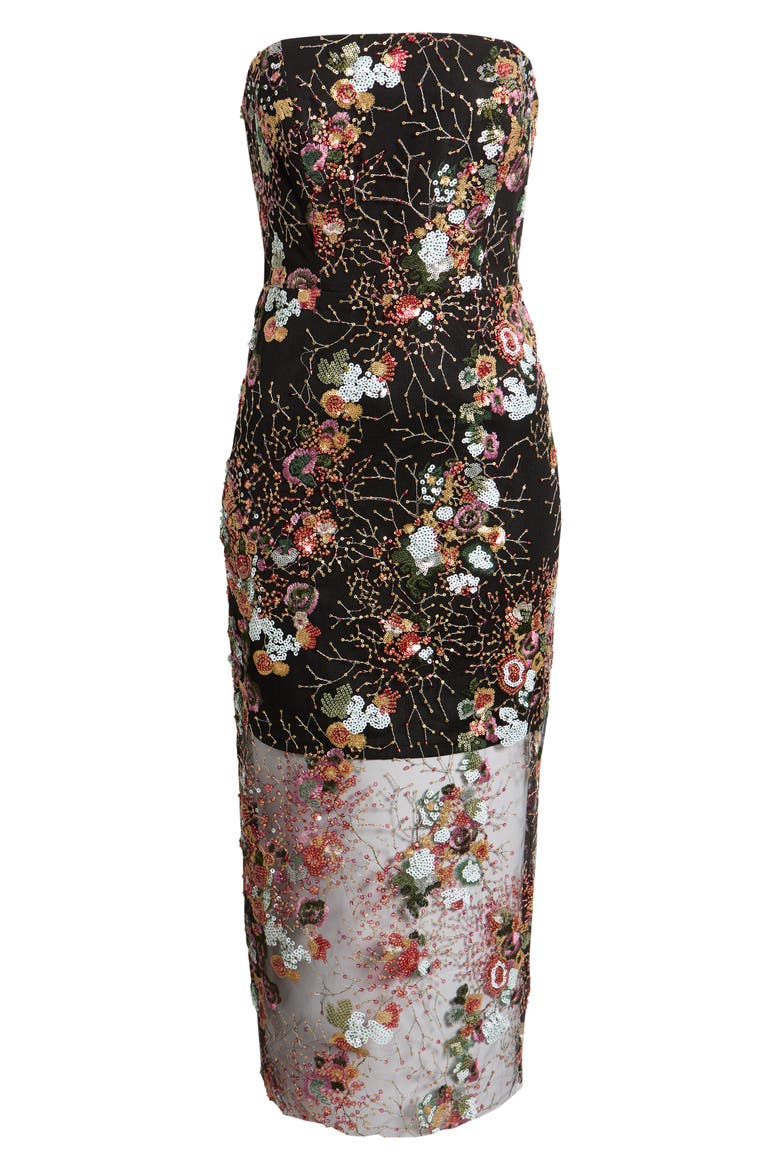 Floral Sequin Strapless Midi Dress, Alternate, color, BLACK MULTI