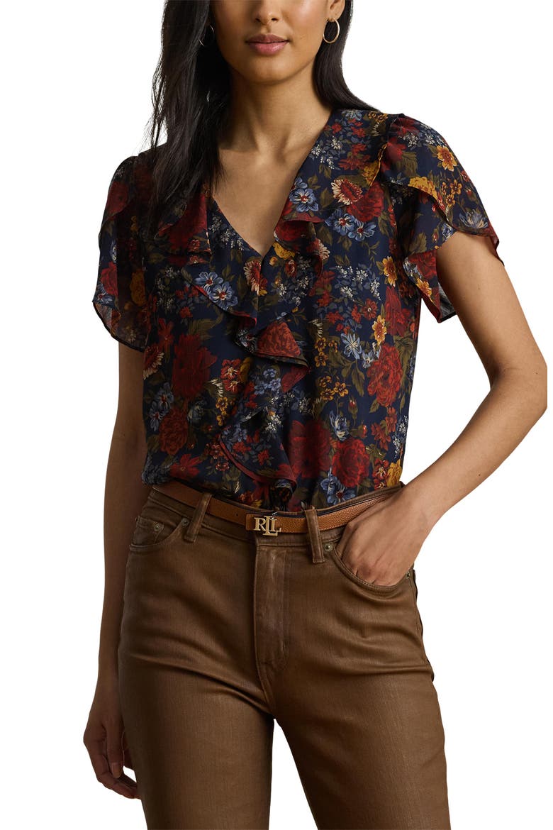 Floral Ruffle Accent Top, Main, color, NAVY MULTI